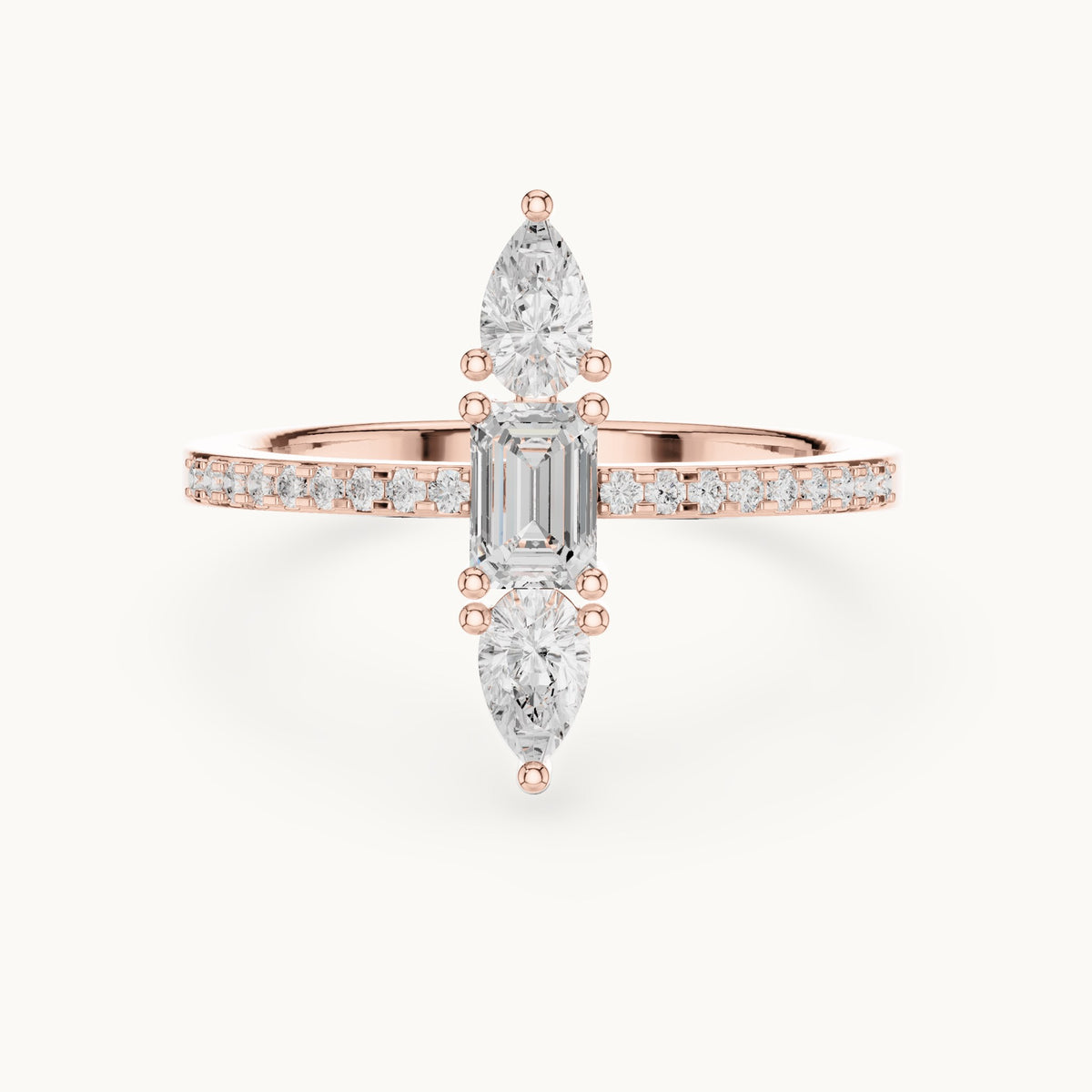 Emerald-cut and pear lab-grown diamond north-south three-stone ring in rose gold, 0.69 CT TW, view 4