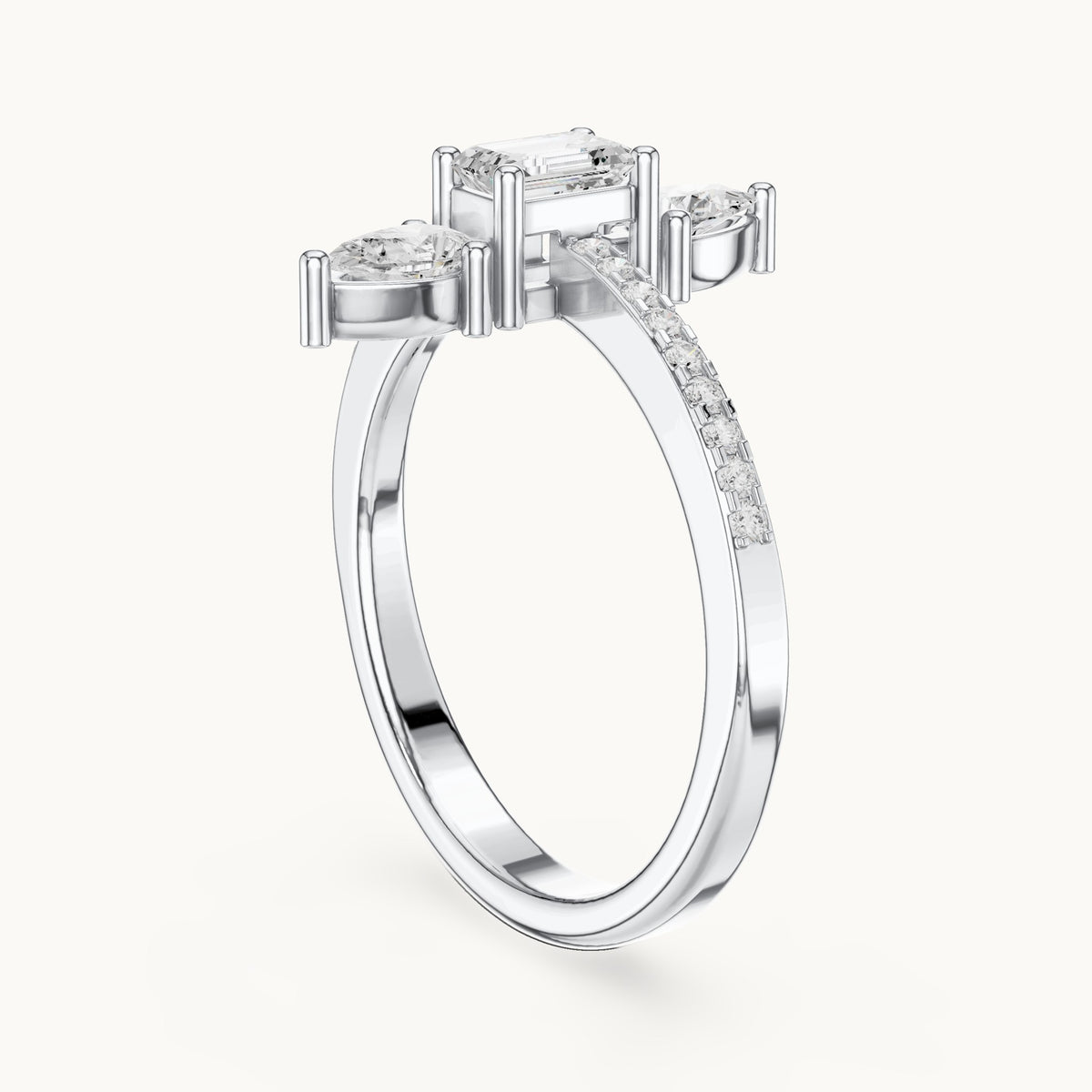 Emerald-cut and pear lab-grown diamond north-south three-stone ring in white gold, 0.69 CT TW, view 1