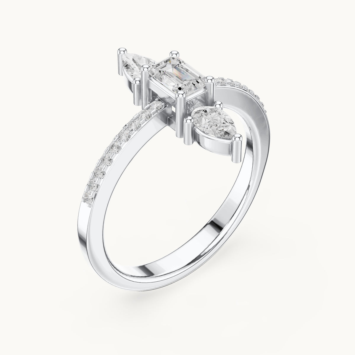 Emerald-cut and pear lab-grown diamond north-south three-stone ring in white gold, 0.69 CT TW, view 2