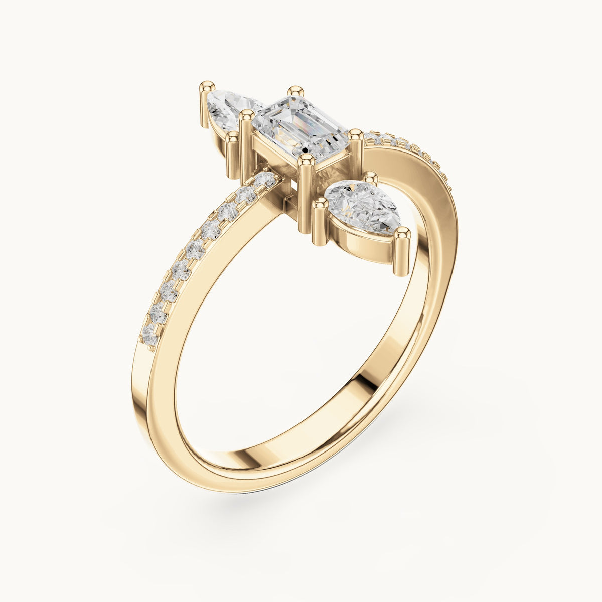 Emerald-cut and pear lab-grown diamond north-south three-stone ring in yellow gold, 0.69 CT TW, view 2