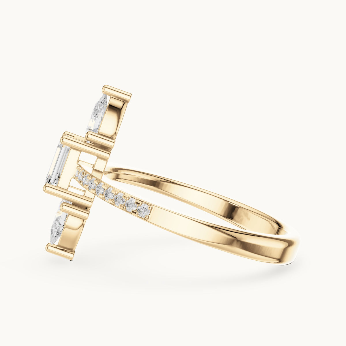 Emerald-cut and pear lab-grown diamond north-south three-stone ring in yellow gold, 0.69 CT TW, view 3