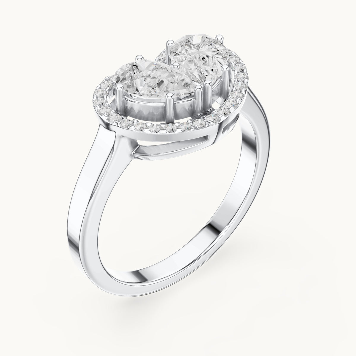 Pear and round lab-grown diamond toi et moi heart halo engagement ring in white gold, 1.02 CT TW, view 2