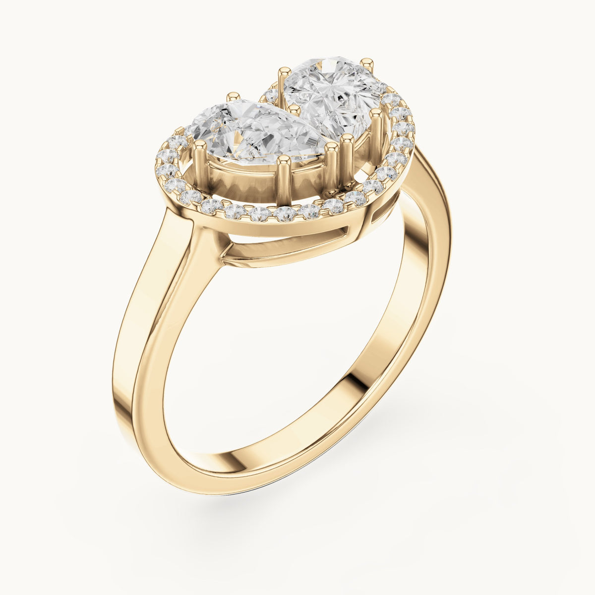 Pear and round lab-grown diamond toi et moi heart halo engagement ring in yellow gold, 1.02 CT TW, view 2