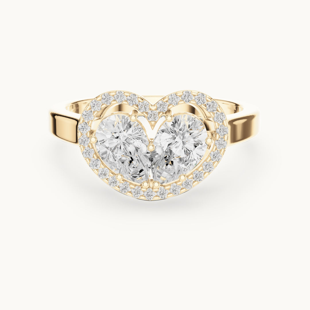 Pear and round lab-grown diamond toi et moi heart halo engagement ring in yellow gold, 1.02 CT TW, view 4