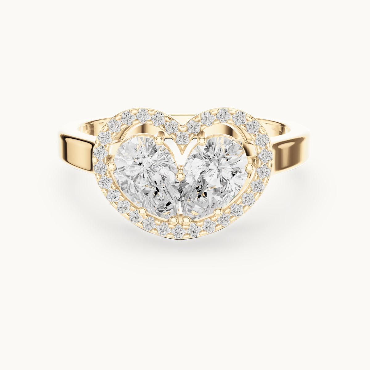 Pear and round lab-grown diamond toi et moi heart halo engagement ring in yellow gold, 1.02 CT TW, view 4