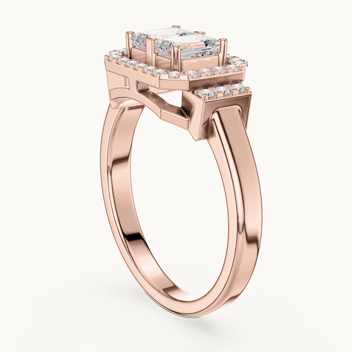 Emerald-cut lab-grown diamond twin-stone halo ring in rose gold, 0.76 CT TW, view 1