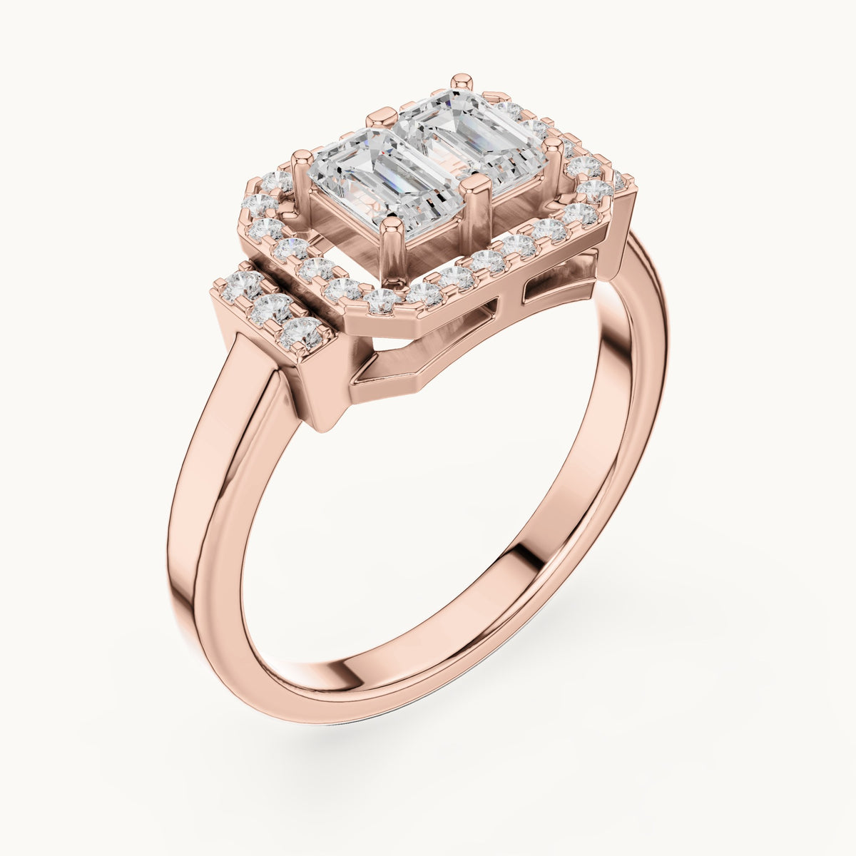 Emerald-cut lab-grown diamond twin-stone halo ring in rose gold, 0.76 CT TW, view 2