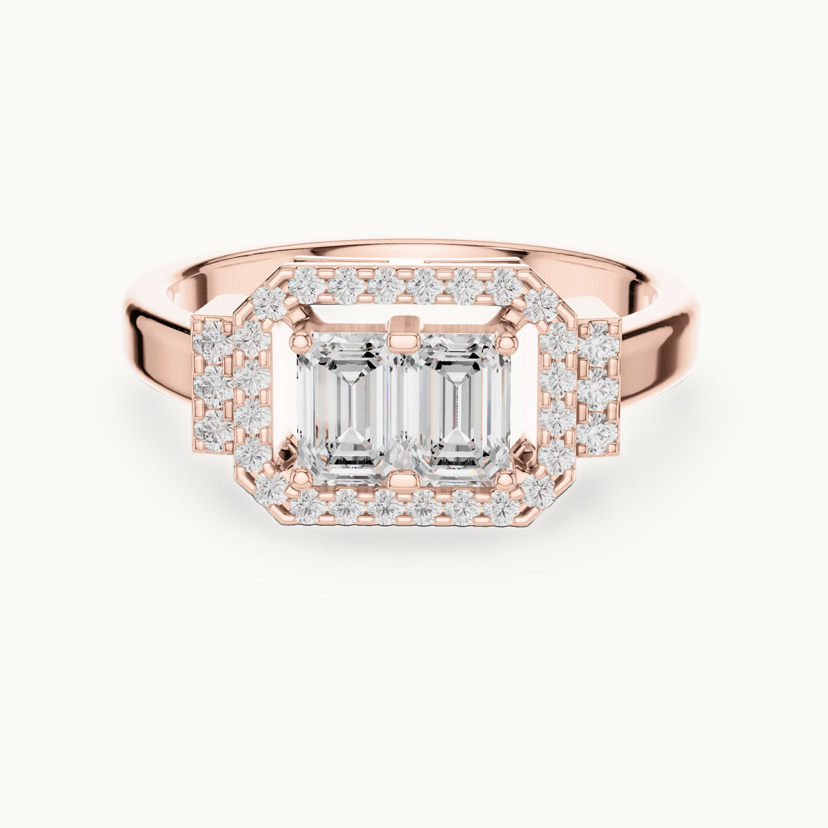 Emerald-cut lab-grown diamond twin-stone halo ring in rose gold, 0.76 CT TW, view 4