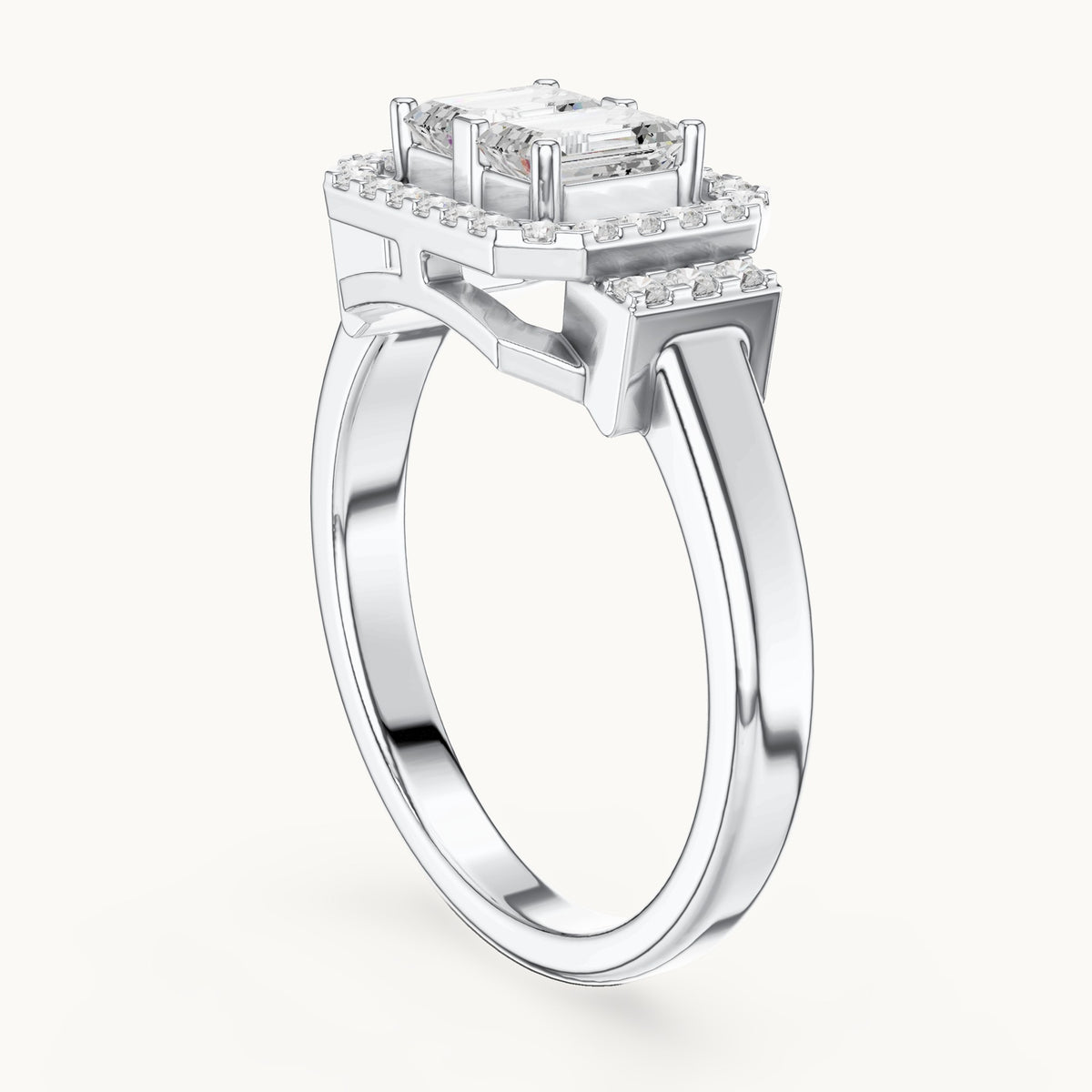 Emerald-cut lab-grown diamond twin-stone halo ring in white gold, 0.76 CT TW, view 1