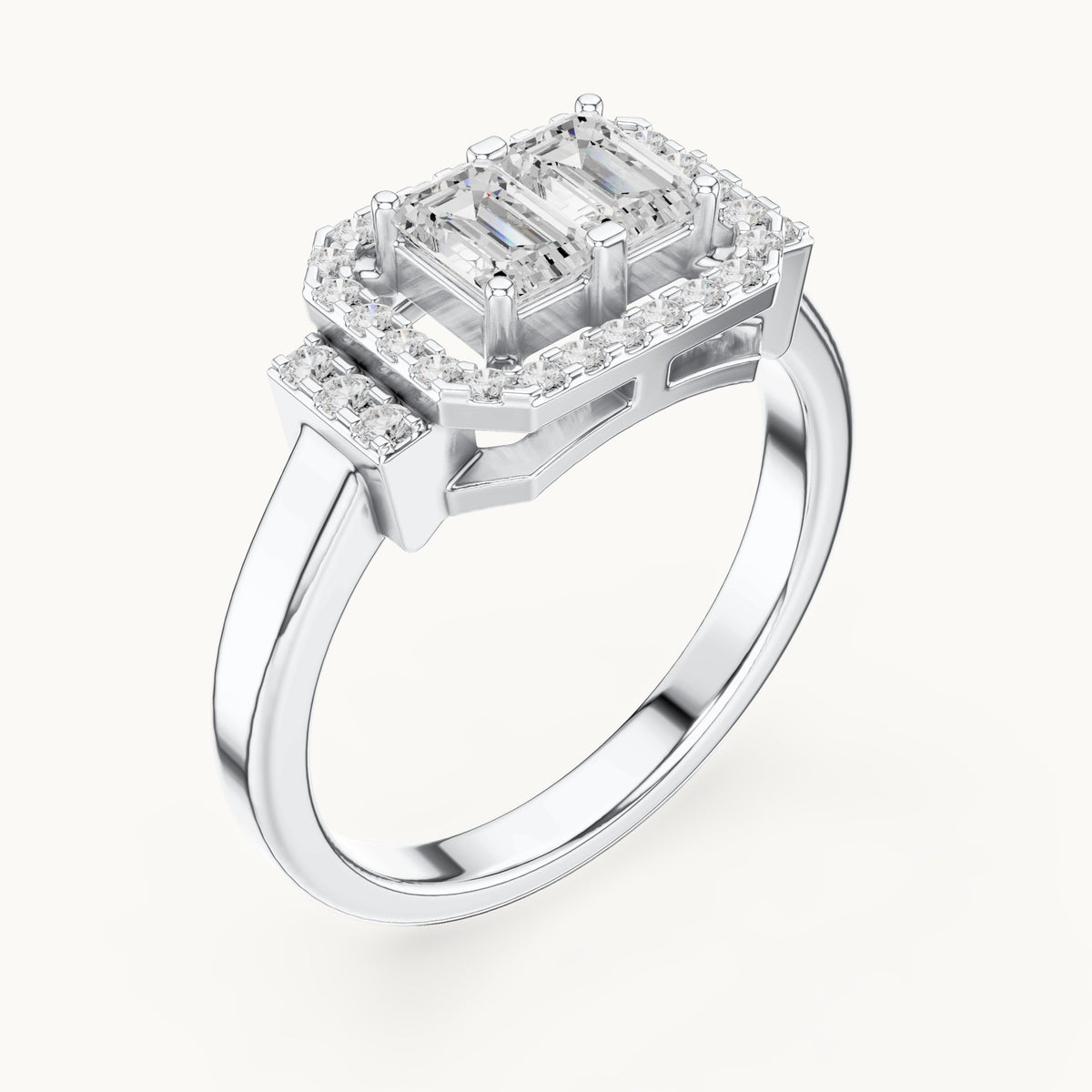 Emerald-cut lab-grown diamond twin-stone halo ring in white gold, 0.76 CT TW, view 2