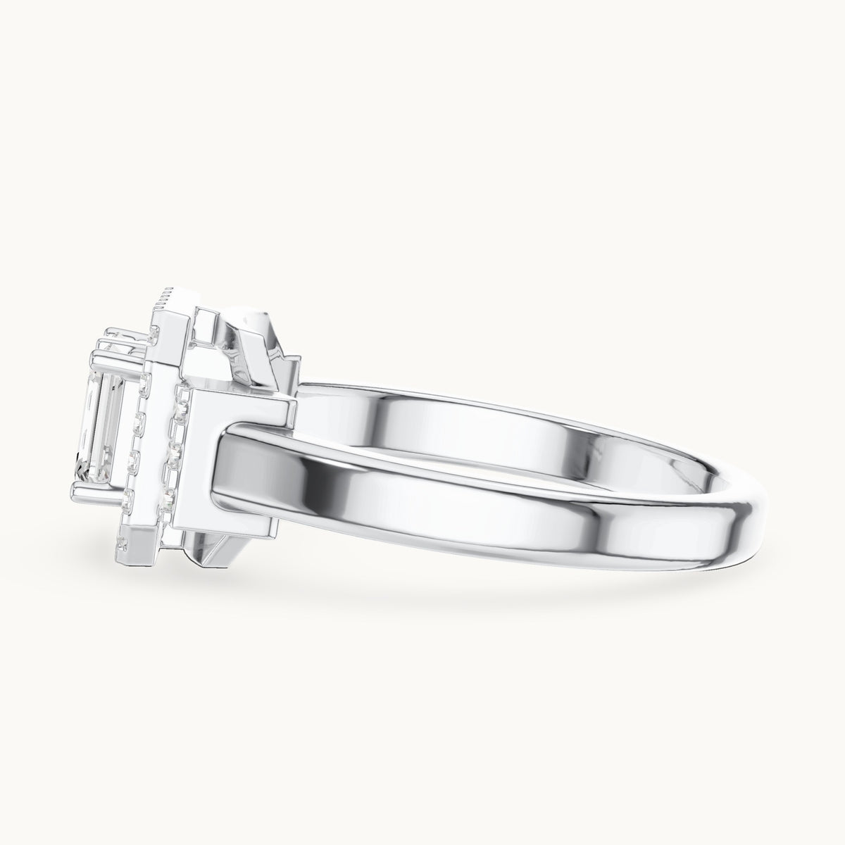 Emerald-cut lab-grown diamond twin-stone halo ring in white gold, 0.76 CT TW, view 3