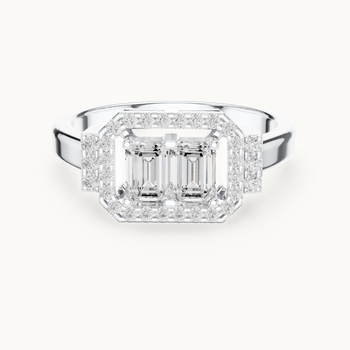 Emerald-cut lab-grown diamond twin-stone halo ring in white gold, 0.76 CT TW, view 4