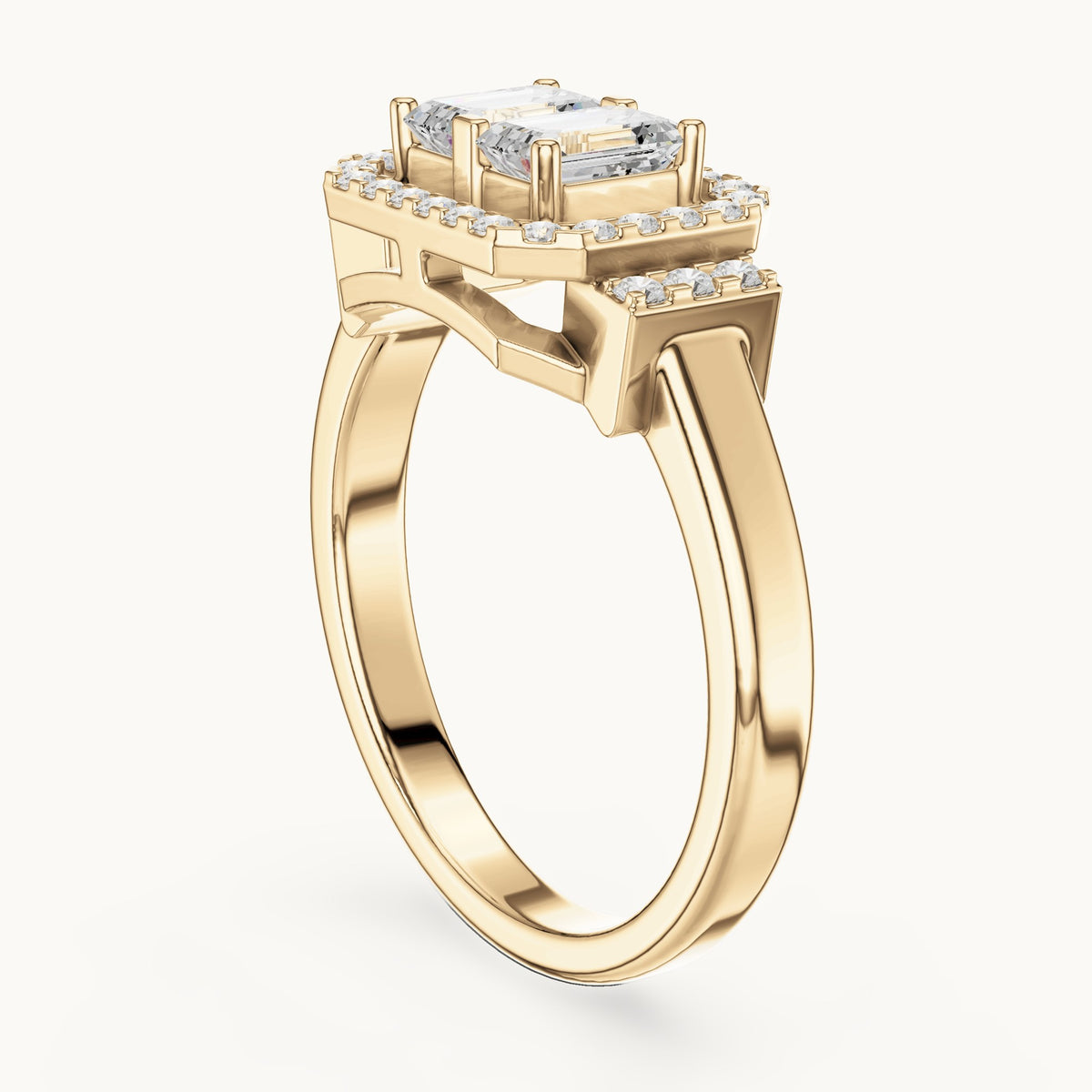 Emerald-cut lab-grown diamond twin-stone halo ring in yellow gold, 0.76 CT TW, view 1