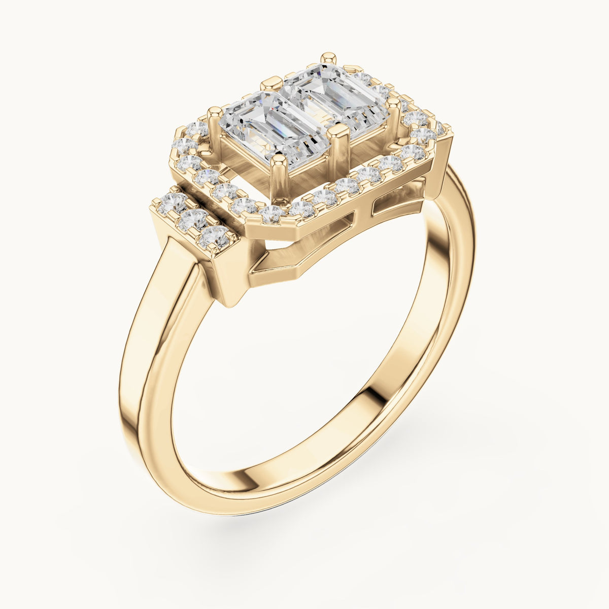 Emerald-cut lab-grown diamond twin-stone halo ring in yellow gold, 0.76 CT TW, view 2