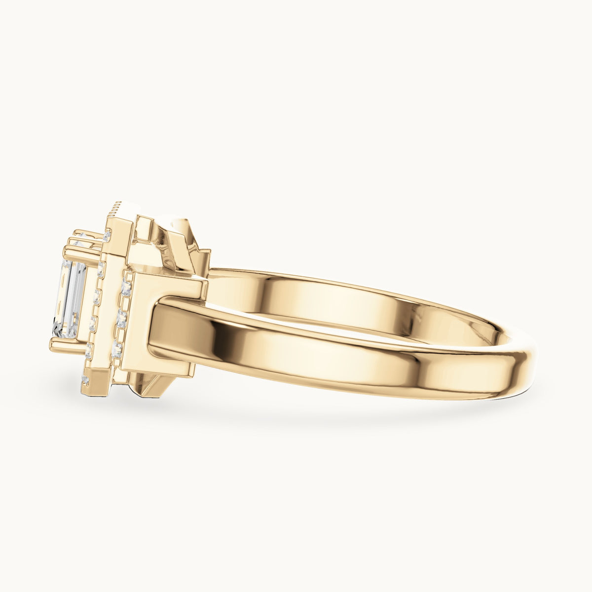 Emerald-cut lab-grown diamond twin-stone halo ring in yellow gold, 0.76 CT TW, view 3