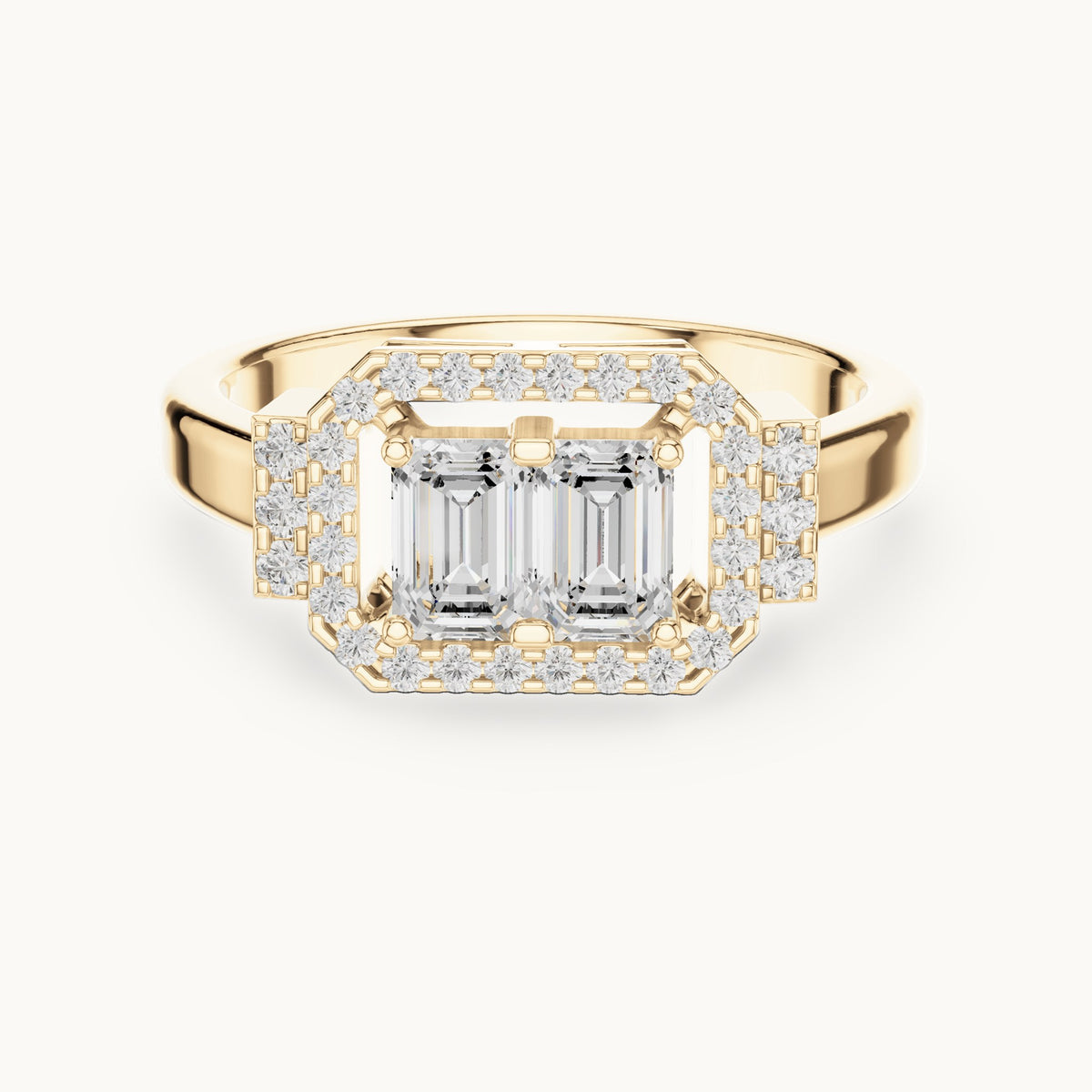 Emerald-cut lab-grown diamond twin-stone halo ring in yellow gold, 0.76 CT TW, view 4