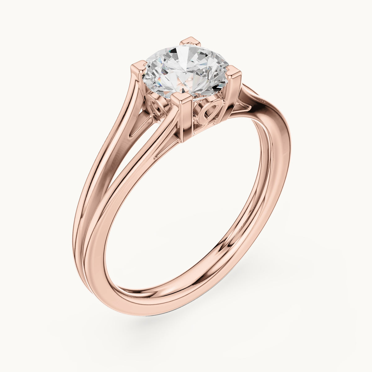 Round lab-grown diamond split shank solitaire engagement ring in rose gold, 1.00 CT TW, view 2