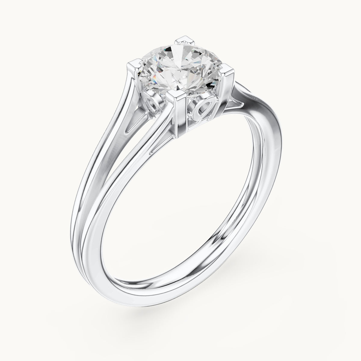 Round lab-grown diamond split shank solitaire engagement ring in white gold, 1.00 CT TW, view 2