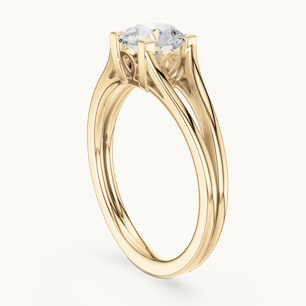Round lab-grown diamond split shank solitaire engagement ring in yellow gold, 1.00 CT TW, view 1