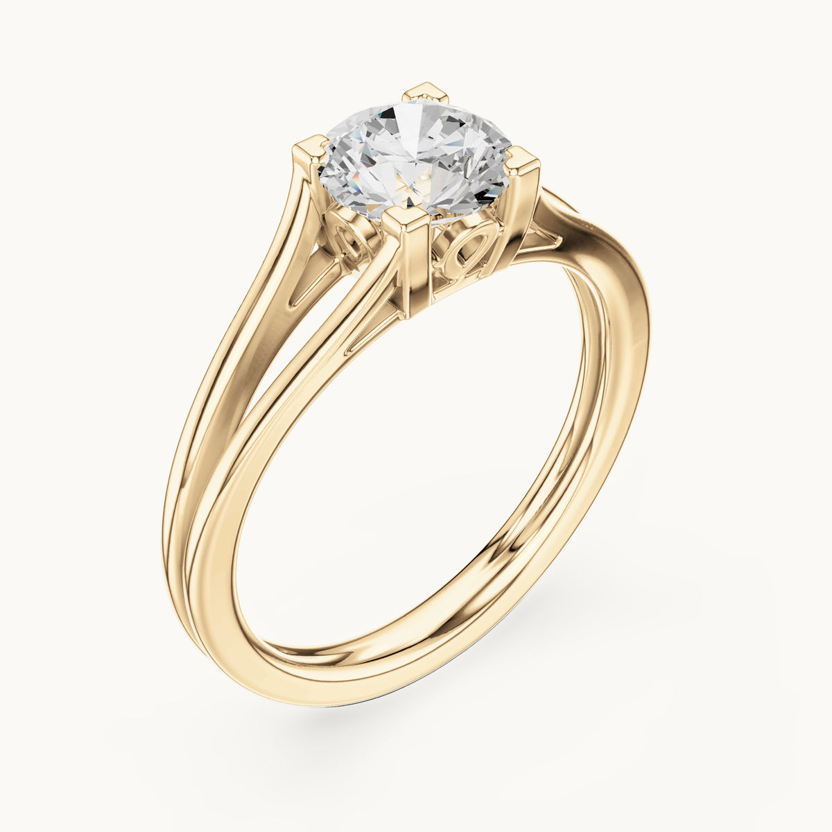 Round lab-grown diamond split shank solitaire engagement ring in yellow gold, 1.00 CT TW, view 2