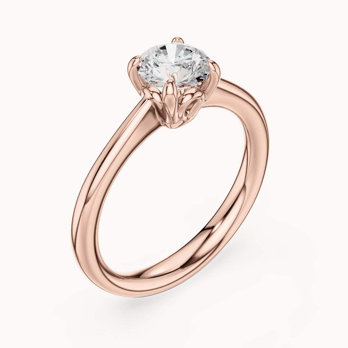 Round lab-grown diamond swirl-gallery four-prong solitaire engagement ring in rose gold, 0.85 CT TW, view 2