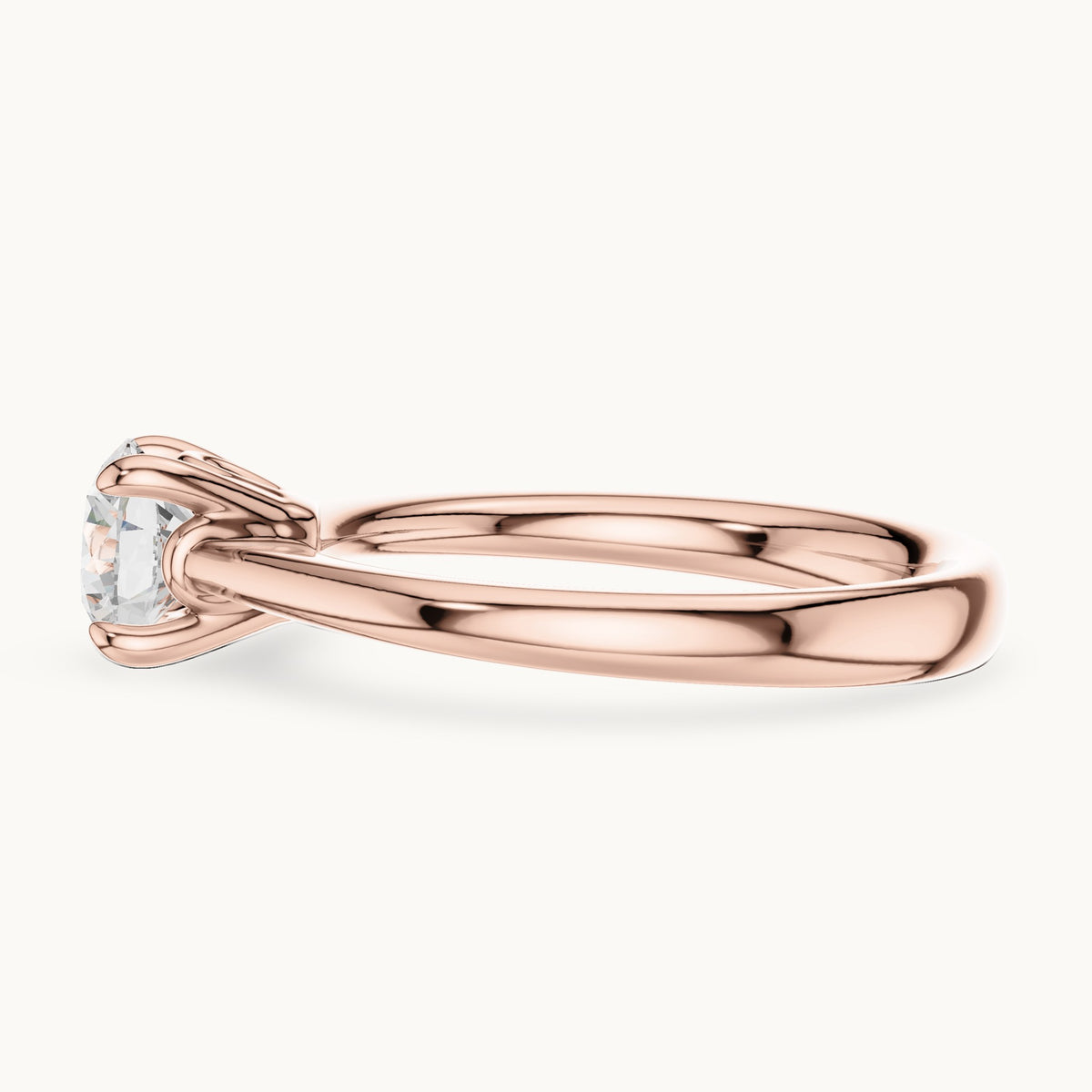 Round lab-grown diamond swirl-gallery four-prong solitaire engagement ring in rose gold, 0.85 CT TW, view 3
