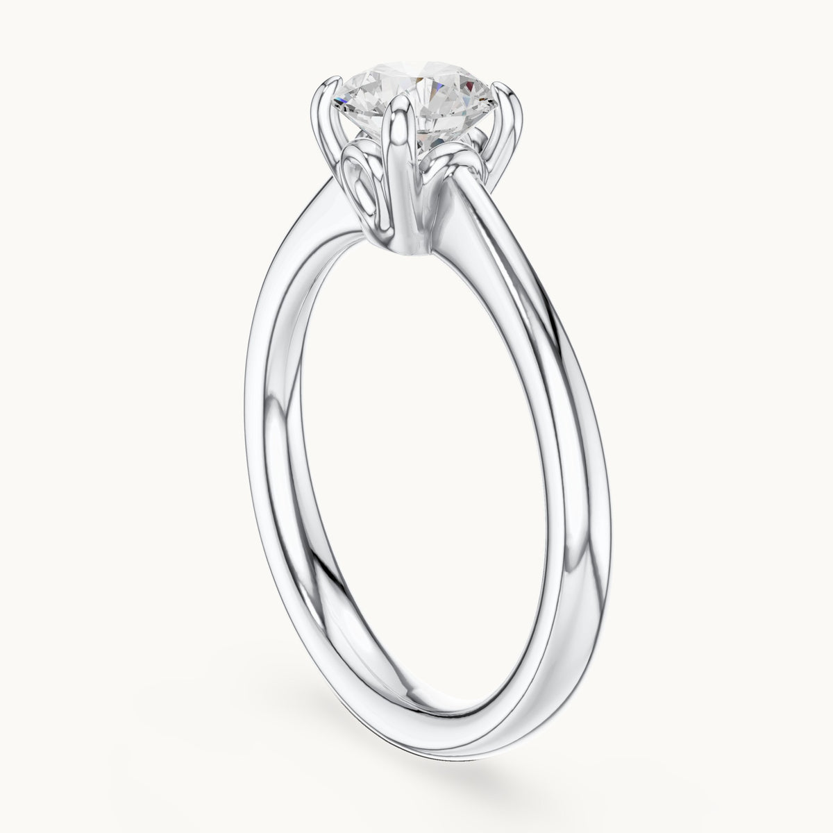 Round lab-grown diamond swirl-gallery four-prong solitaire engagement ring in white gold, 0.85 CT TW, view 1