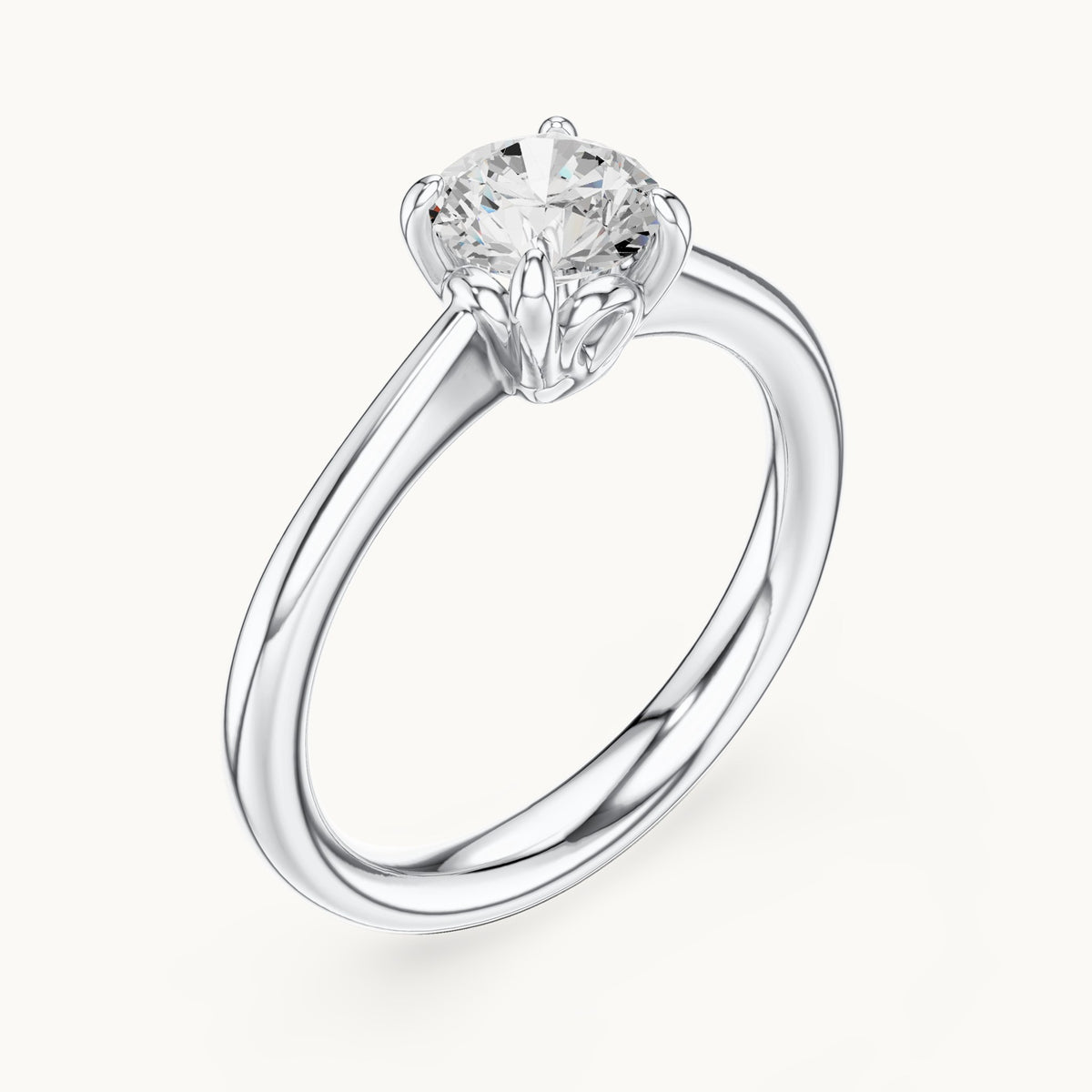 Round lab-grown diamond swirl-gallery four-prong solitaire engagement ring in white gold, 0.85 CT TW, view 2