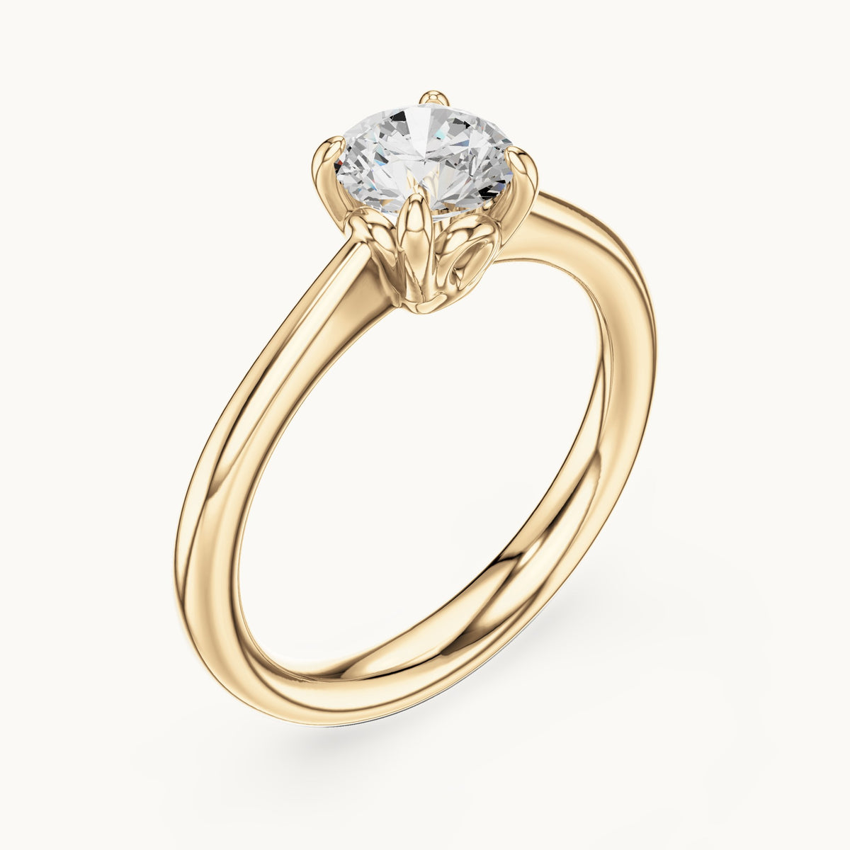 Round lab-grown diamond swirl-gallery four-prong solitaire engagement ring in yellow gold, 0.85 CT TW, view 2