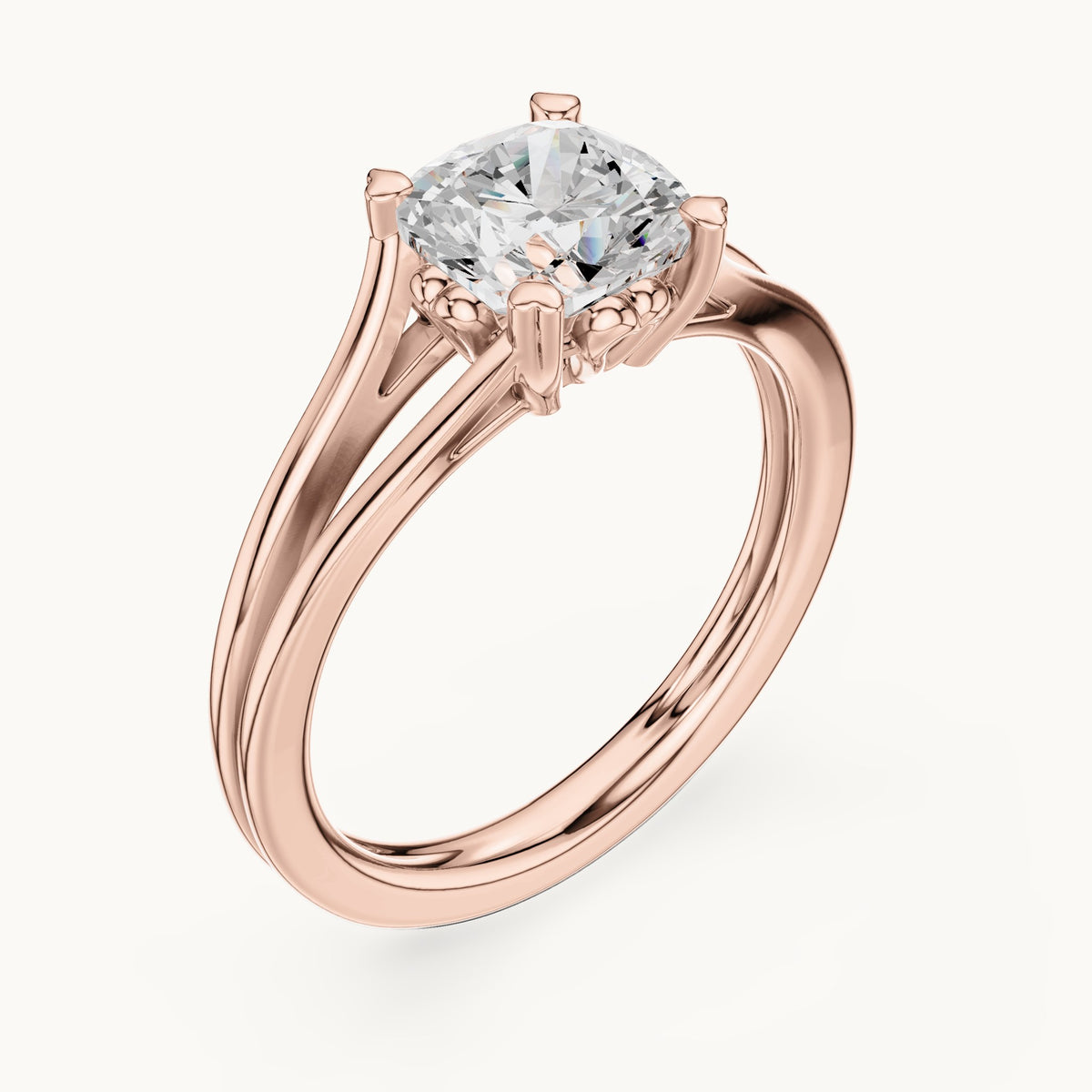 Cushion-cut lab-grown diamond split shank solitaire engagement ring in rose gold, 1.24 CT TW, view 2