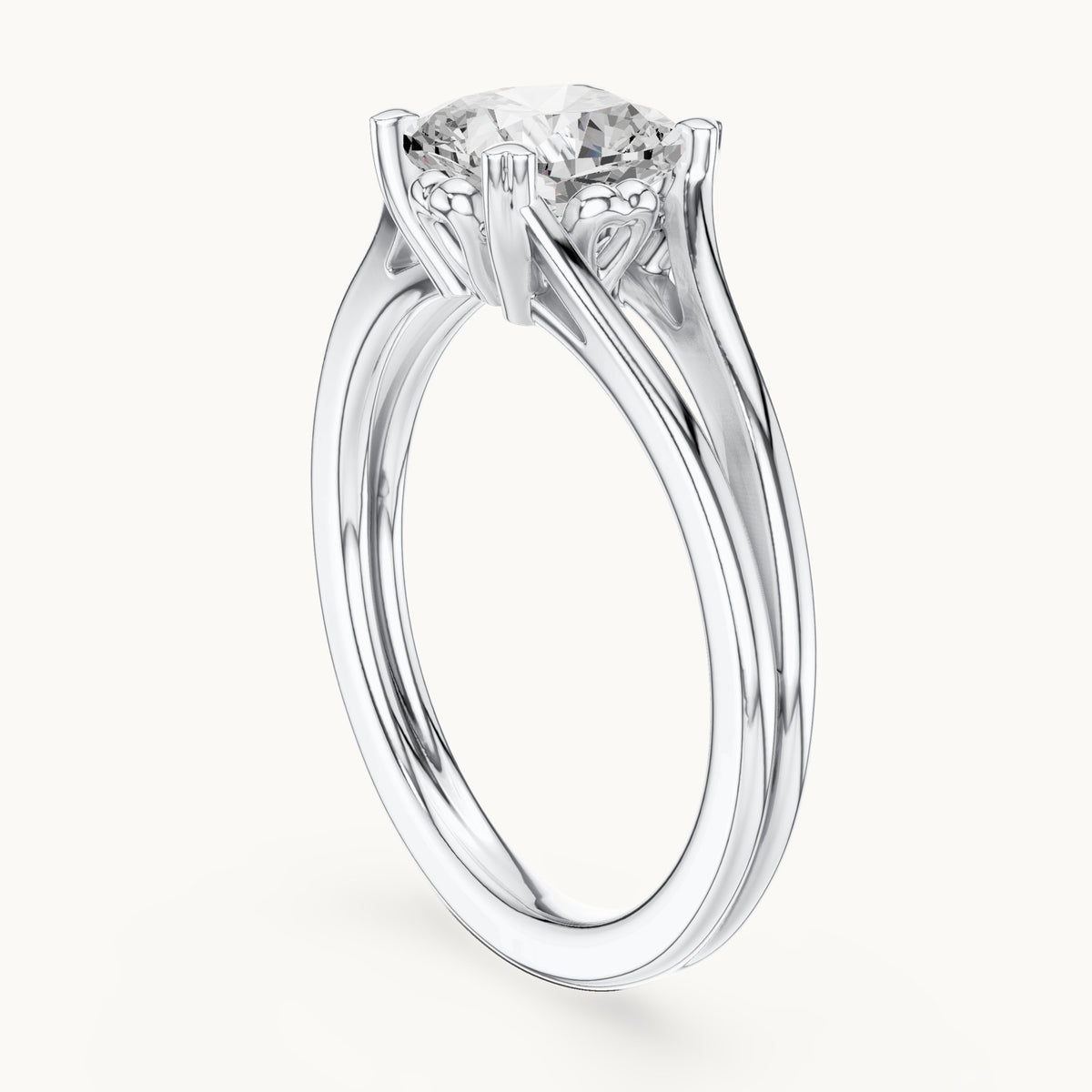 Cushion-cut lab-grown diamond split shank solitaire engagement ring in white gold, 1.24 CT TW, view 1