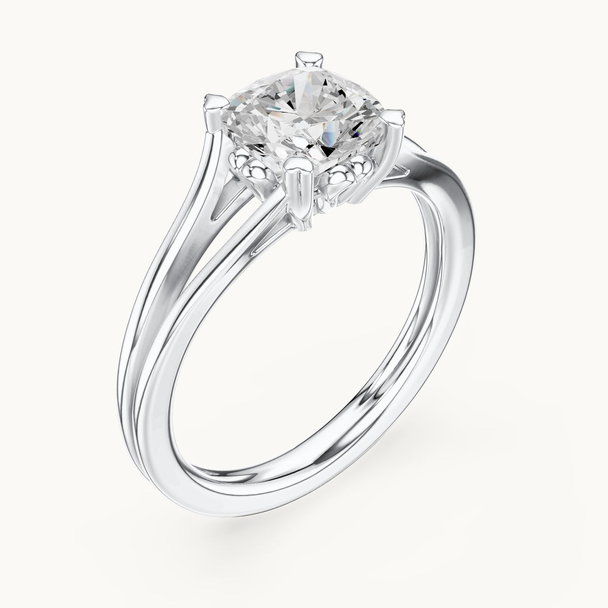 Cushion-cut lab-grown diamond split shank solitaire engagement ring in white gold, 1.24 CT TW, view 2