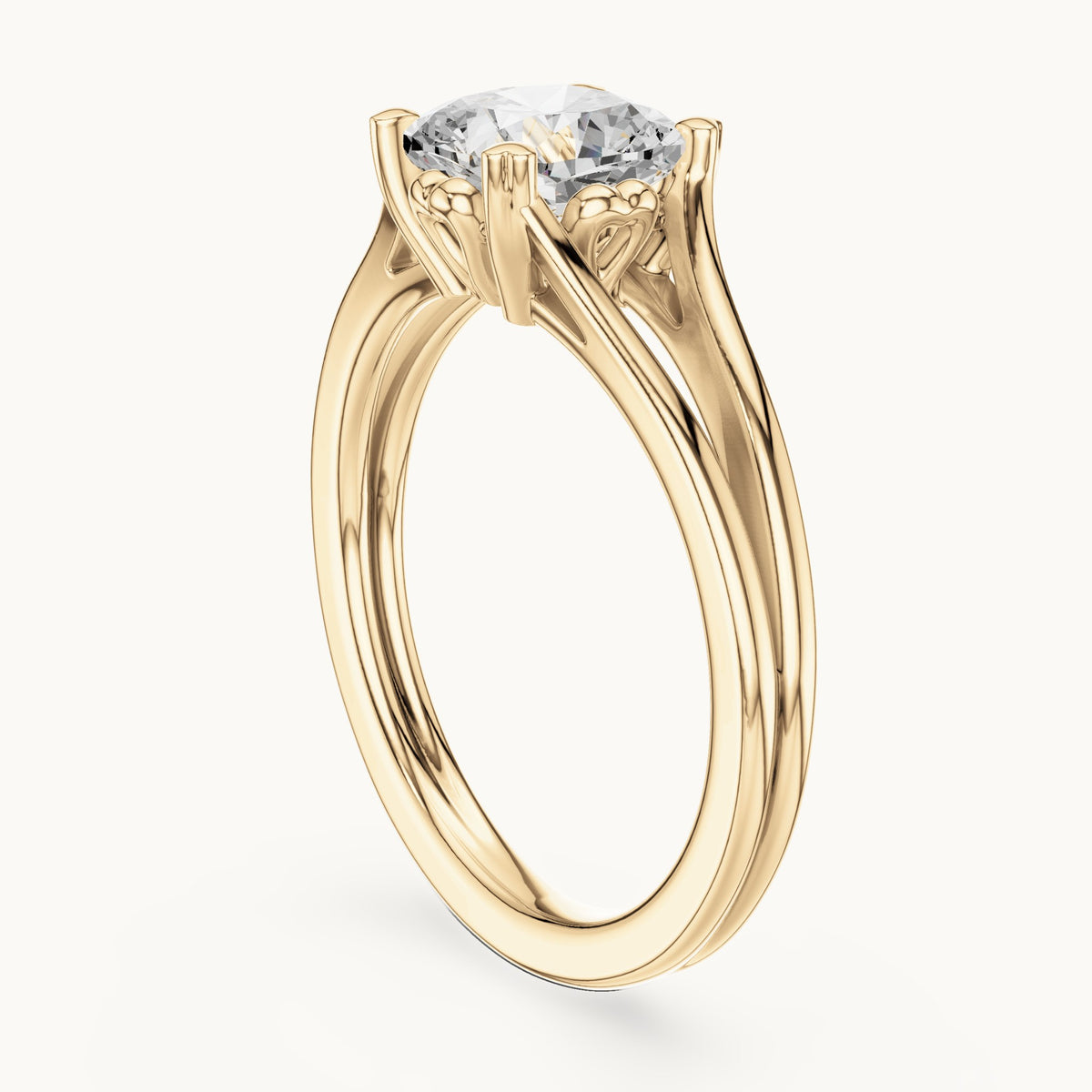 Cushion-cut lab-grown diamond split shank solitaire engagement ring in yellow gold, 1.24 CT TW, view 1
