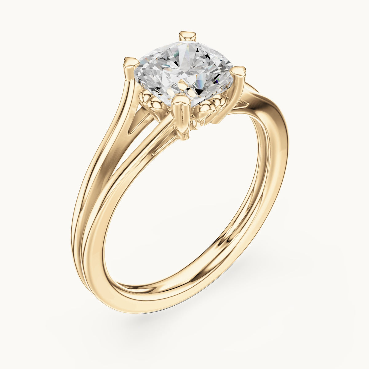 Cushion-cut lab-grown diamond split shank solitaire engagement ring in yellow gold, 1.24 CT TW, view 2