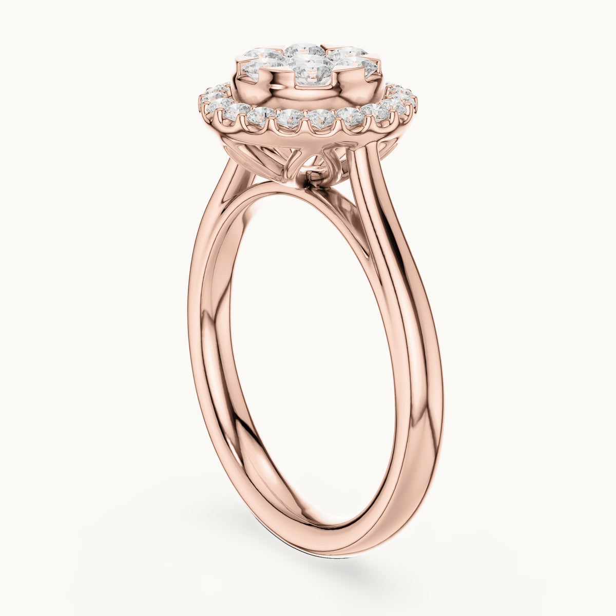 Round lab-grown diamond cluster halo ring in rose gold, 0.72 CT TW, view 1