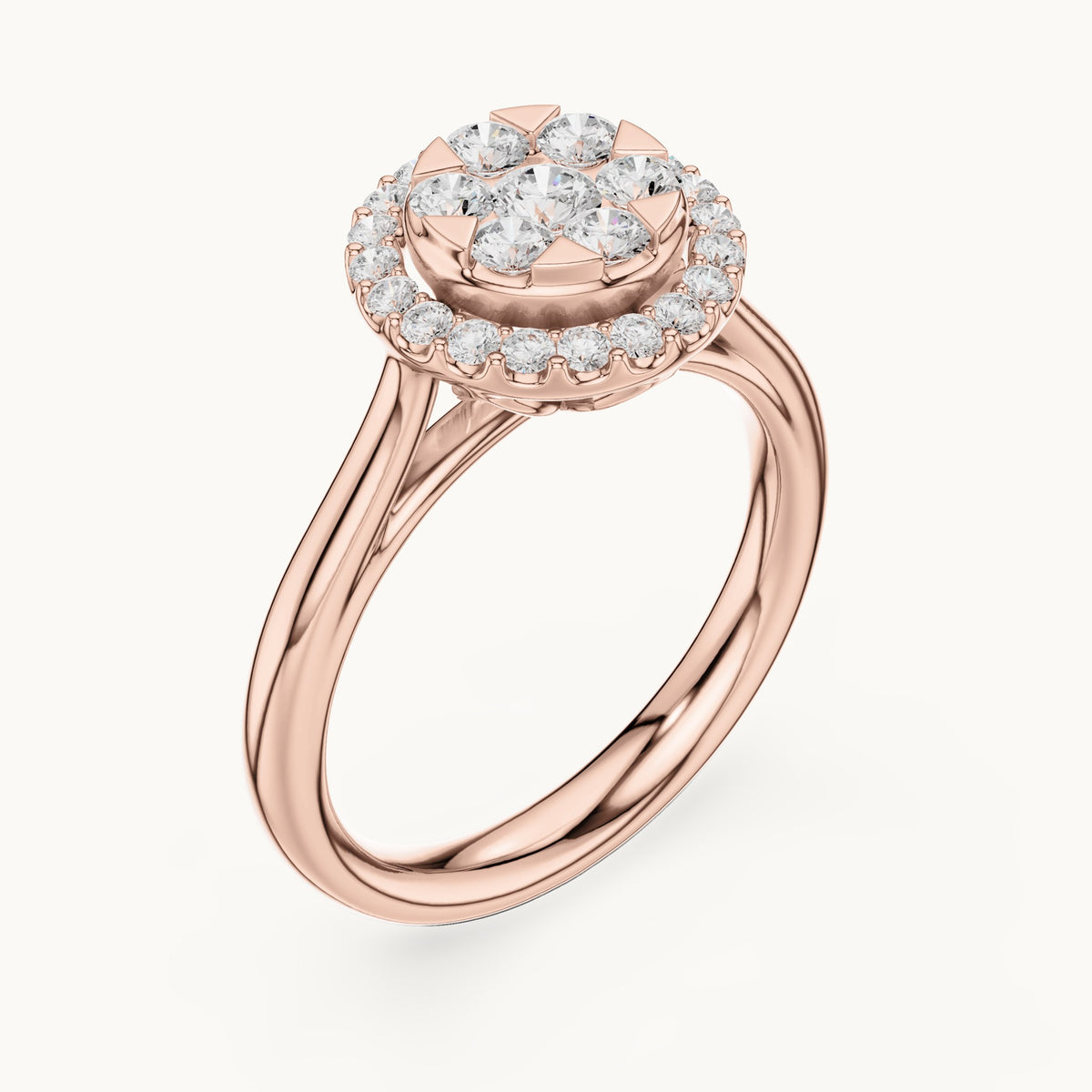 Round lab-grown diamond cluster halo ring in rose gold, 0.72 CT TW, view 2