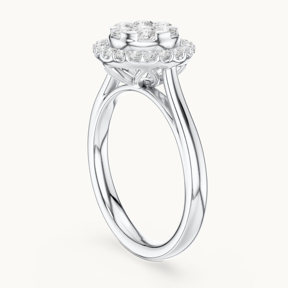 Round lab-grown diamond cluster halo ring in white gold, 0.72 CT TW, view 1