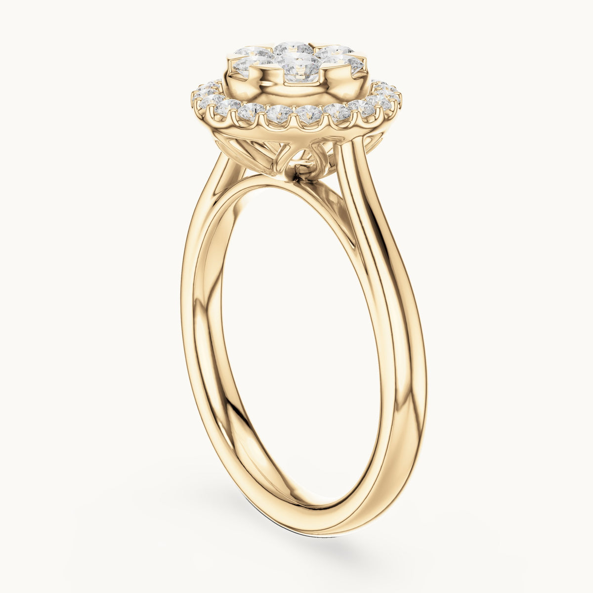 Round lab-grown diamond cluster halo ring in yellow gold, 0.72 CT TW, view 1