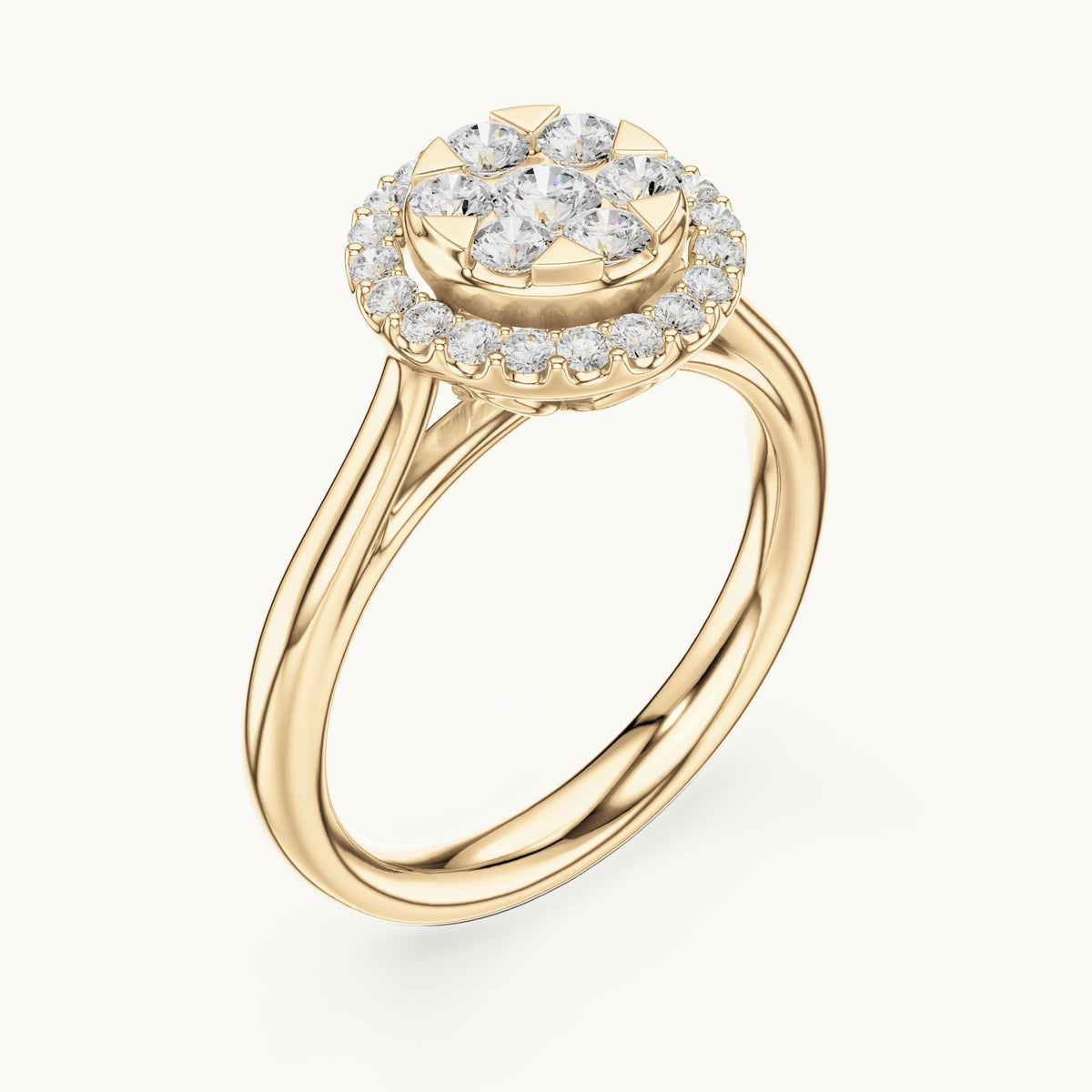 Round lab-grown diamond cluster halo ring in yellow gold, 0.72 CT TW, view 2