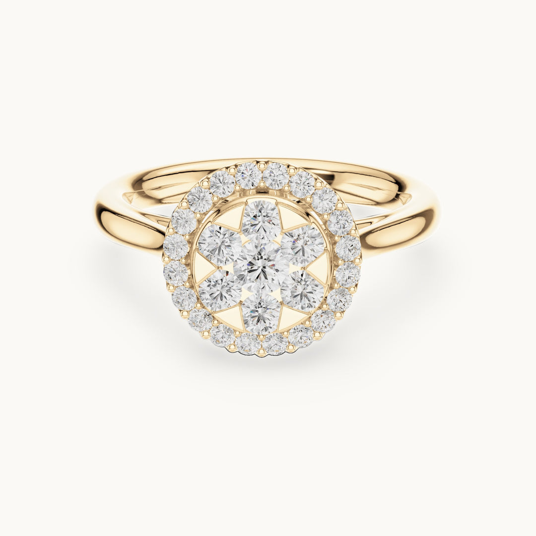 Round lab-grown diamond cluster halo ring in yellow gold, 0.72 CT TW, view 4