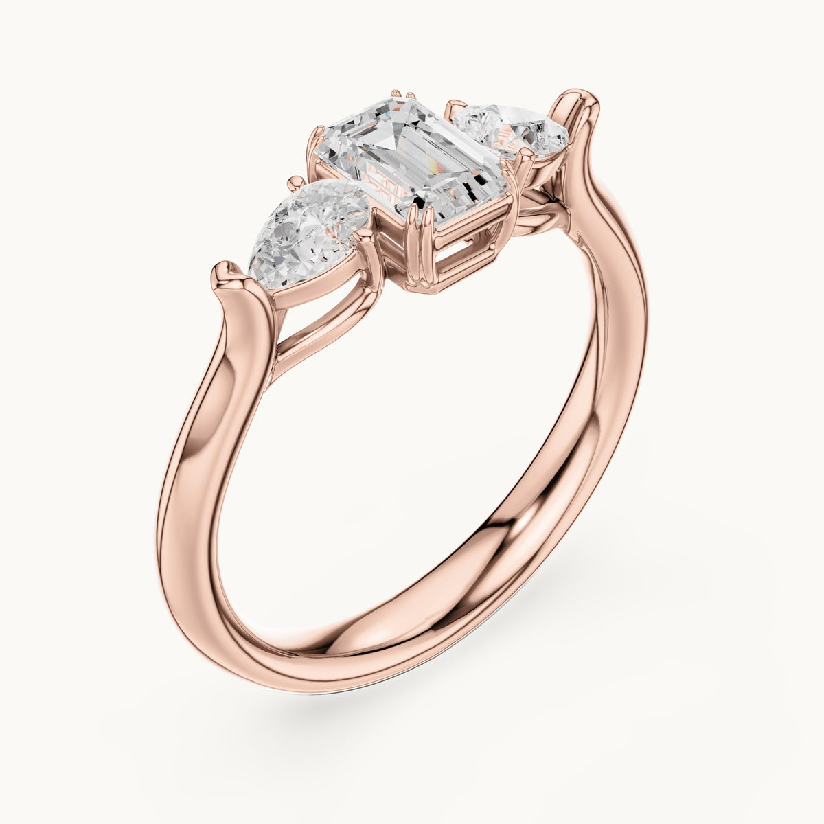 Emerald and pear lab-grown diamond three-stone engagement ring in rose gold, 0.89 CT TW, view 2