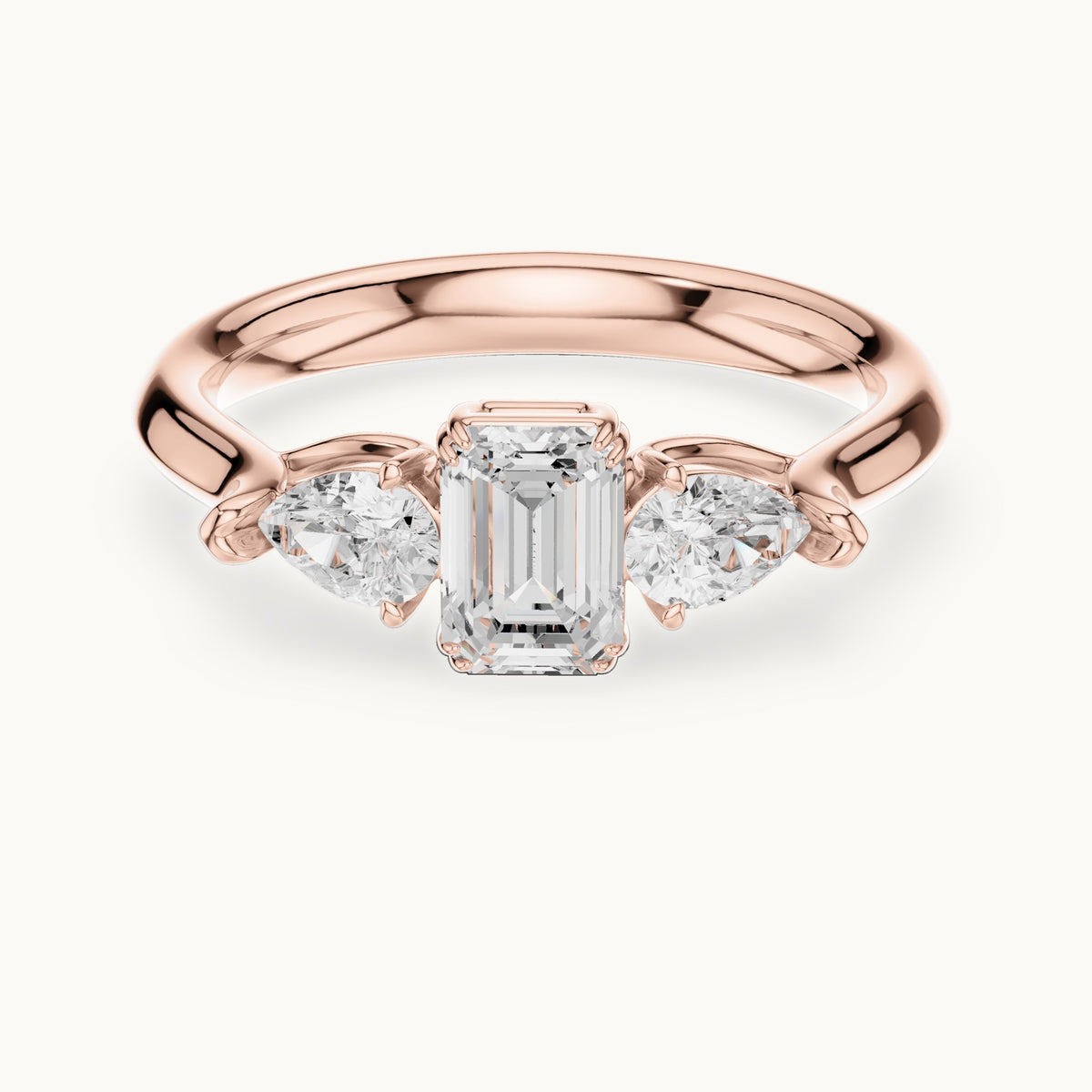 Emerald and pear lab-grown diamond three-stone engagement ring in rose gold, 0.89 CT TW, view 4