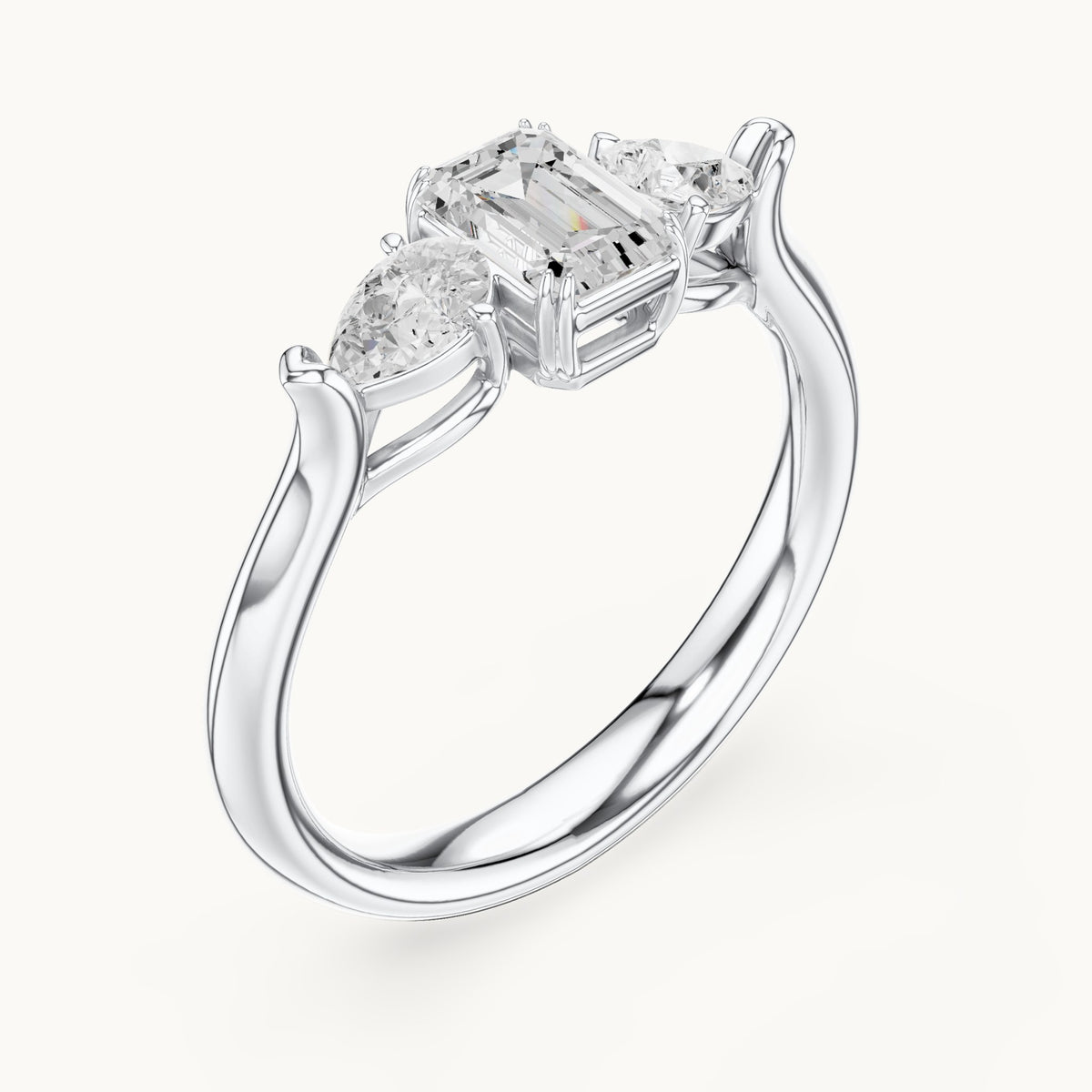 Emerald and pear lab-grown diamond three-stone engagement ring in white gold, 0.89 CT TW, view 2