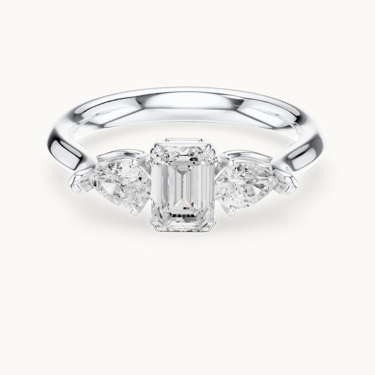 Emerald and pear lab-grown diamond three-stone engagement ring in white gold, 0.89 CT TW, view 4