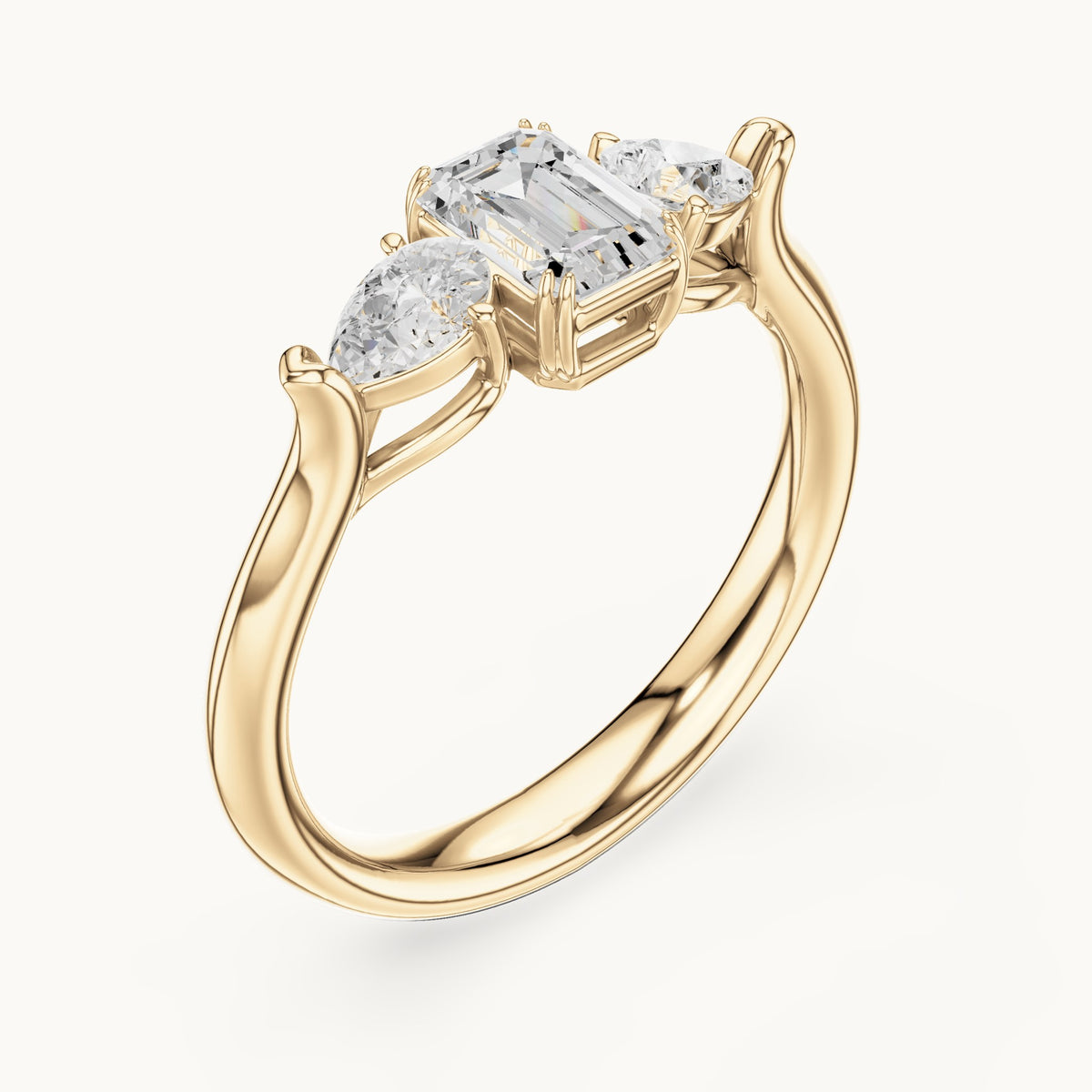 Emerald and pear lab-grown diamond three-stone engagement ring in yellow gold, 0.89 CT TW, view 2
