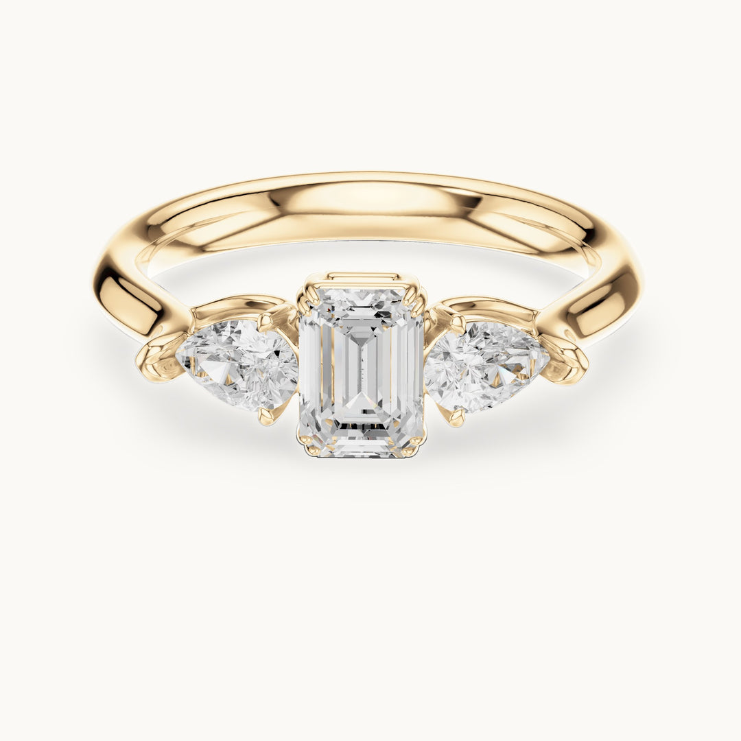Emerald and pear lab-grown diamond three-stone engagement ring in yellow gold, 0.89 CT TW, view 4