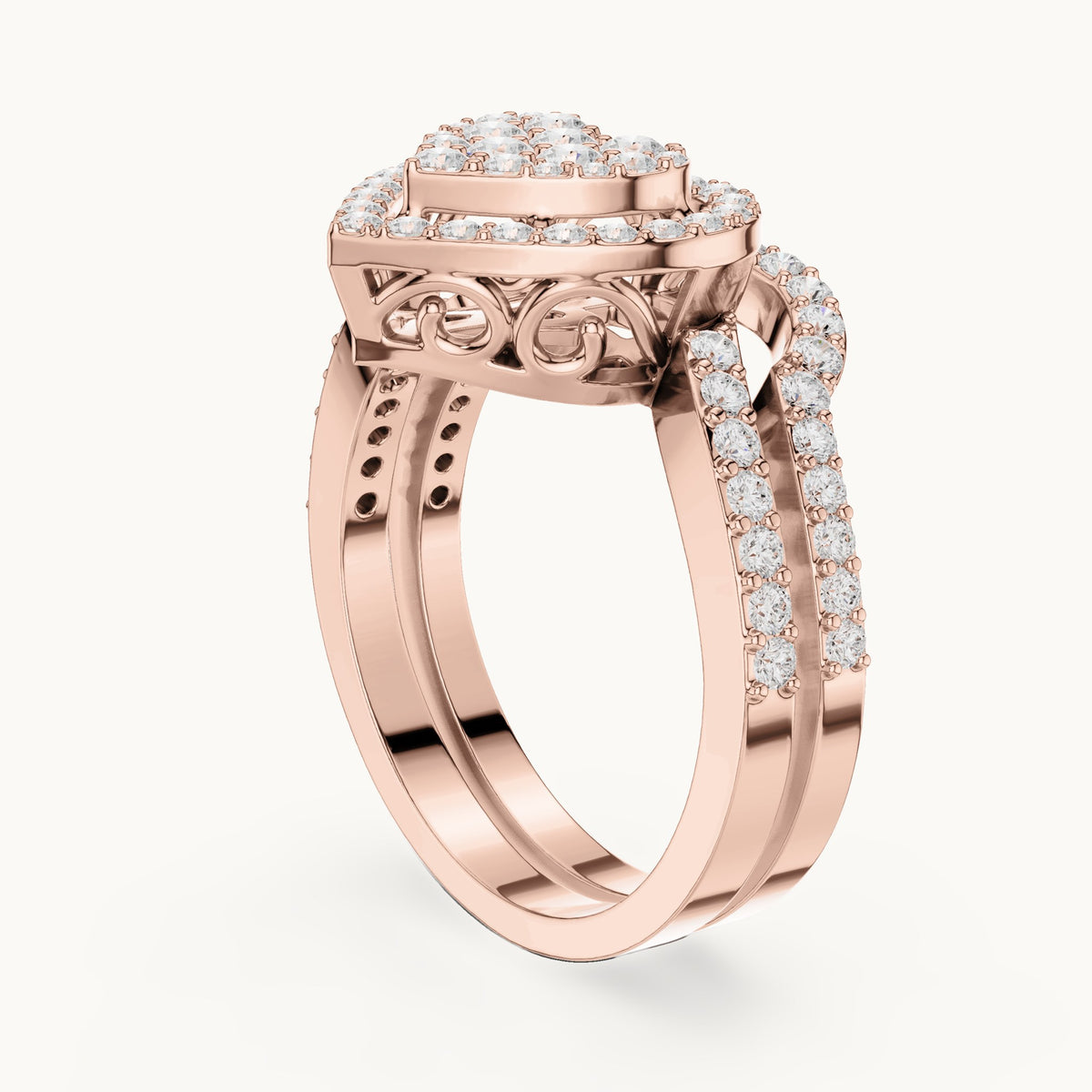 Round lab-grown diamond heart cluster ring with double pavé band in rose gold, 0.94 CT TW, view 1