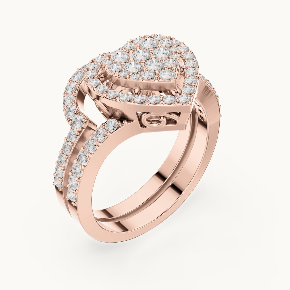 Round lab-grown diamond heart cluster ring with double pavé band in rose gold, 0.94 CT TW, view 2