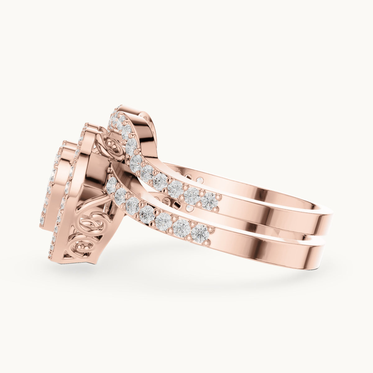 Round lab-grown diamond heart cluster ring with double pavé band in rose gold, 0.94 CT TW, view 3