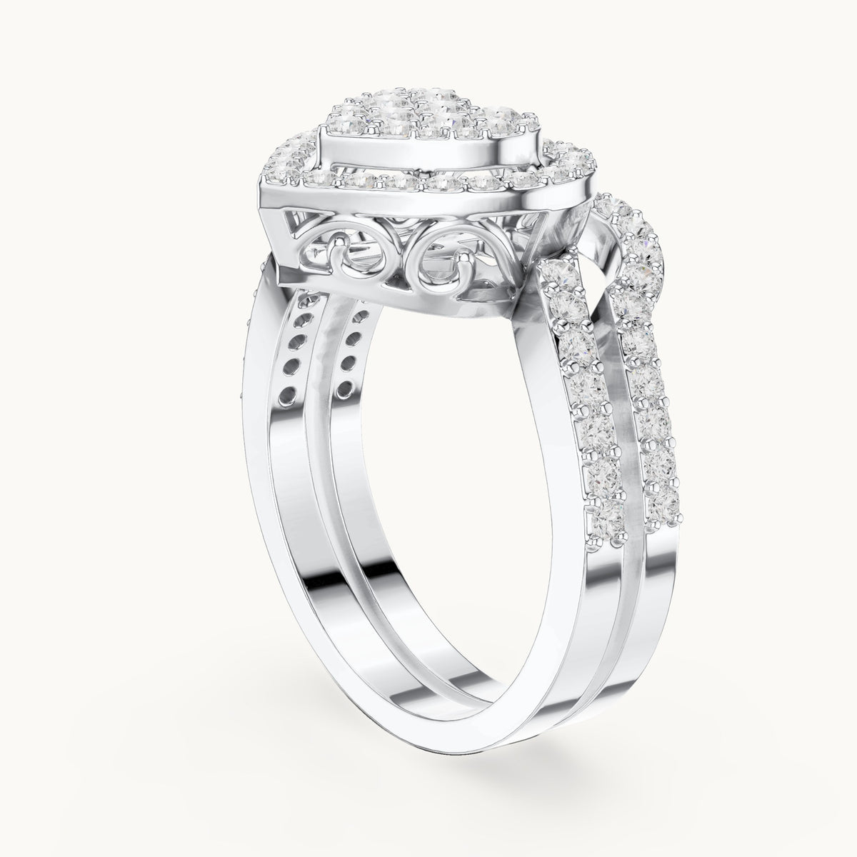Round lab-grown diamond heart cluster ring with double pavé band in white gold, 0.94 CT TW, view 1